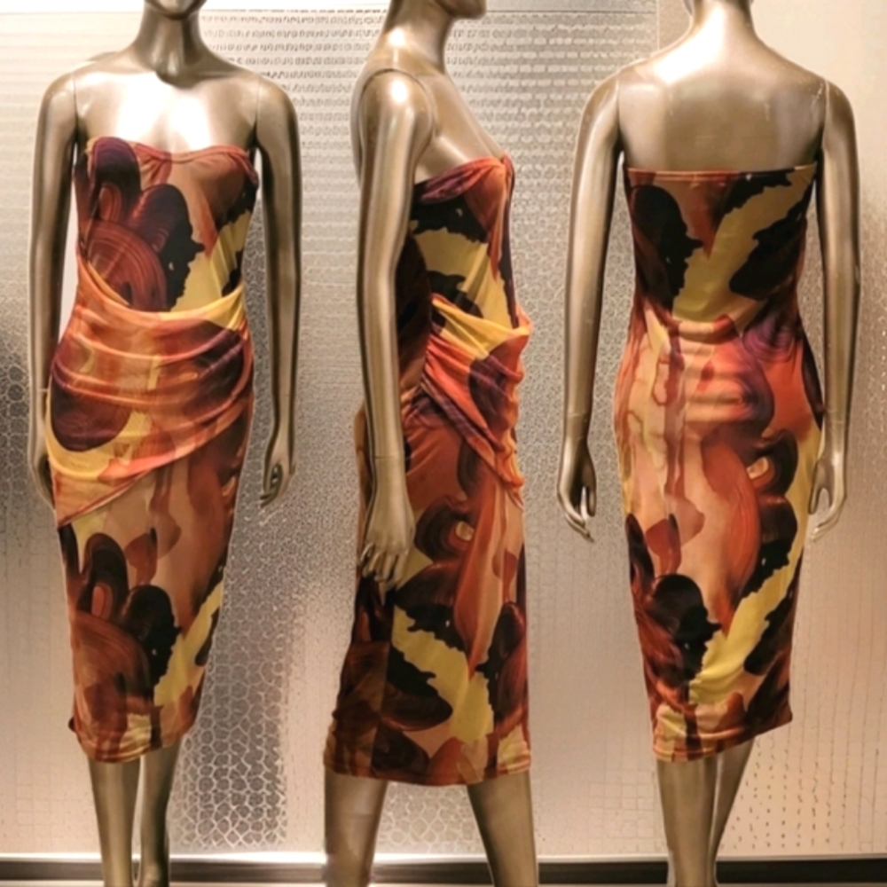 NWOT PLT Orange Abstract Print Mesh Bandeau Drape Midi Dress